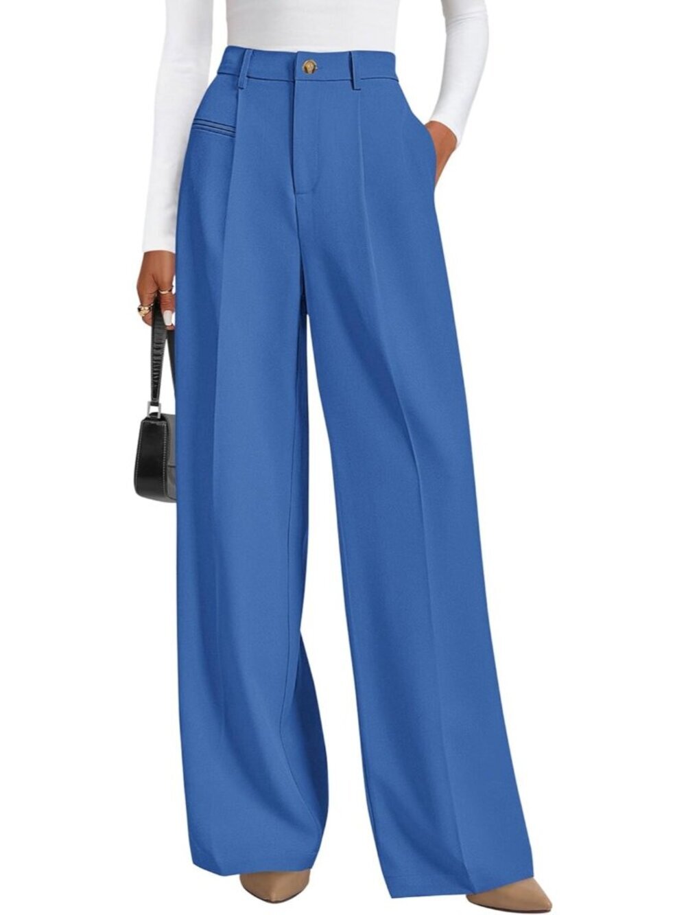 Women's Blue Business Casual Flowy Work High Waisted Wide Leg Dress Pants